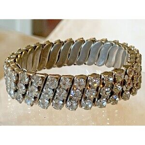 Vintage Rhinestone Expansion Bracelet Silver Tone | Triple Row | Unsigned